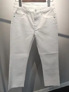 

Women Jeans Pants White Straight Cropped Pants Cotton Temperament Commute Hips