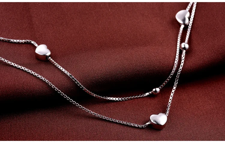 925 Sterling Anklet Heart Double Layer Women's Korean-style Simple Hipster Versitile Fashion jiao shi pin