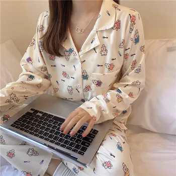 

Autumn and winter new women's Korean cute cartoon bear long sleeve Pants Set casual home wear pajamas