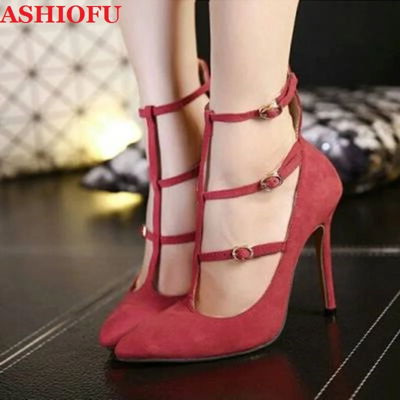 

ASHIOFU New Hot Handmade Ladies High Heel Pumps Three Buckle Straps Party Dress Shoes Pointy Office Evening Fashion Court Shoes