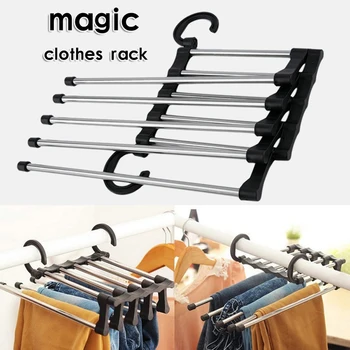 

2020 Newest Fashion 5 in 1 Pant rack shelves Stainless Steel Clothes Hangers Multi-functional Wardrobe Hot Sale Magic Hanger