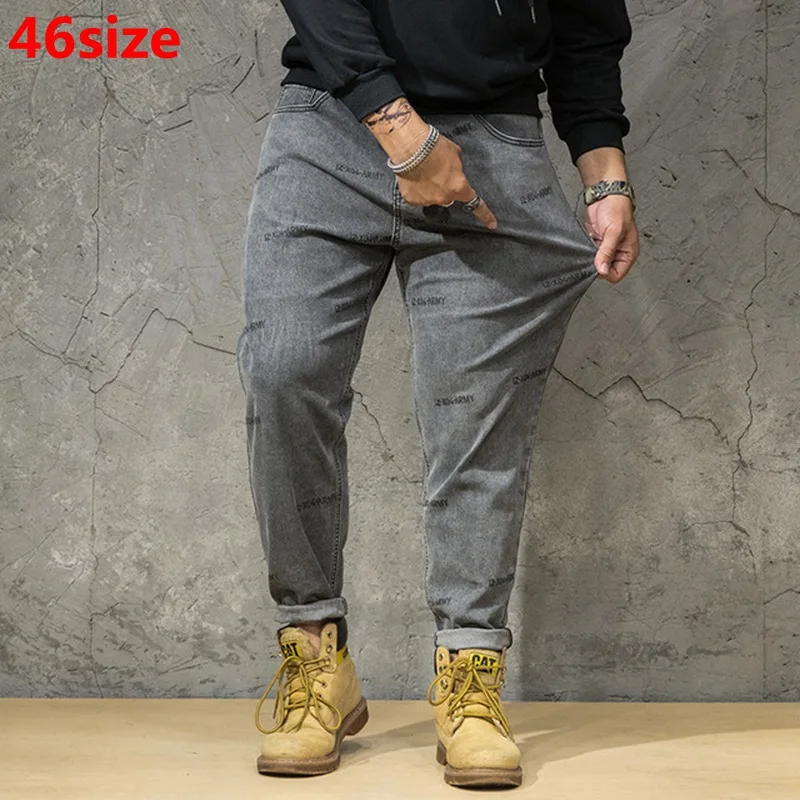 

Large size jeans men plus size loose male stretch Slim feet men's high waist oversized gray