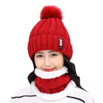 

Autumn Winter Plus Velvet Warm Thickening Scarf Women Solid Color Soft Knitted Wool Cap Hats Ski Caps 8 Colors Beanies