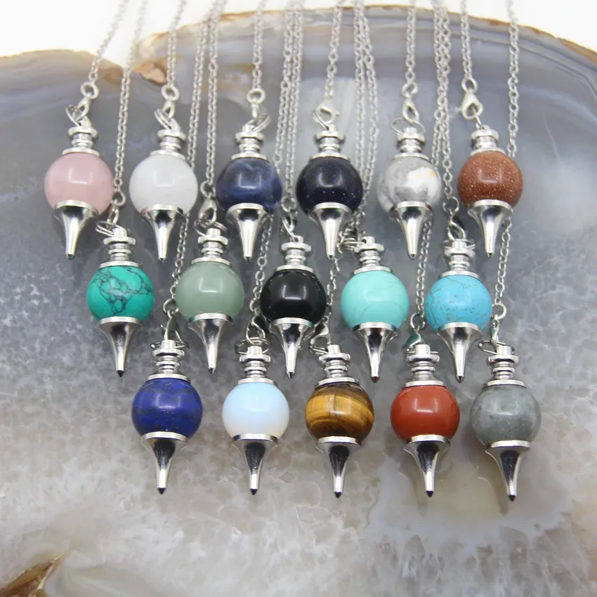 Natural Rose Quartz Labradorite Pendulum for Dowsing Divination Round beads Stone Crystal Cone Pendants pendulos Jewelry