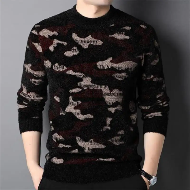 New Spring Autumn Men's Casual Round Neck Knit Sweater Youth Fashion Camouflage Pattern Sweater Top mens green sweater