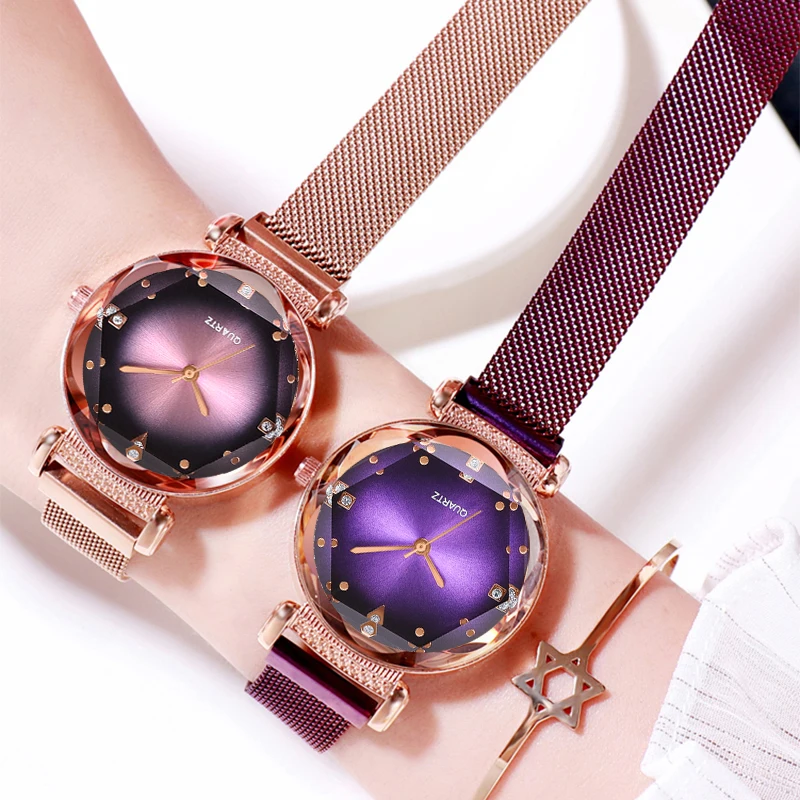 Женские сетчатые кварцевые часы с магнитной пряжкой и цветком на удачу роскошные