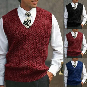 

2020 Men Knitting Sweater Vest Solid Color Cashmere Sweaters Sleeveless Pullover Men V-Neck Slim Knitted Waistcoat Men Clothing