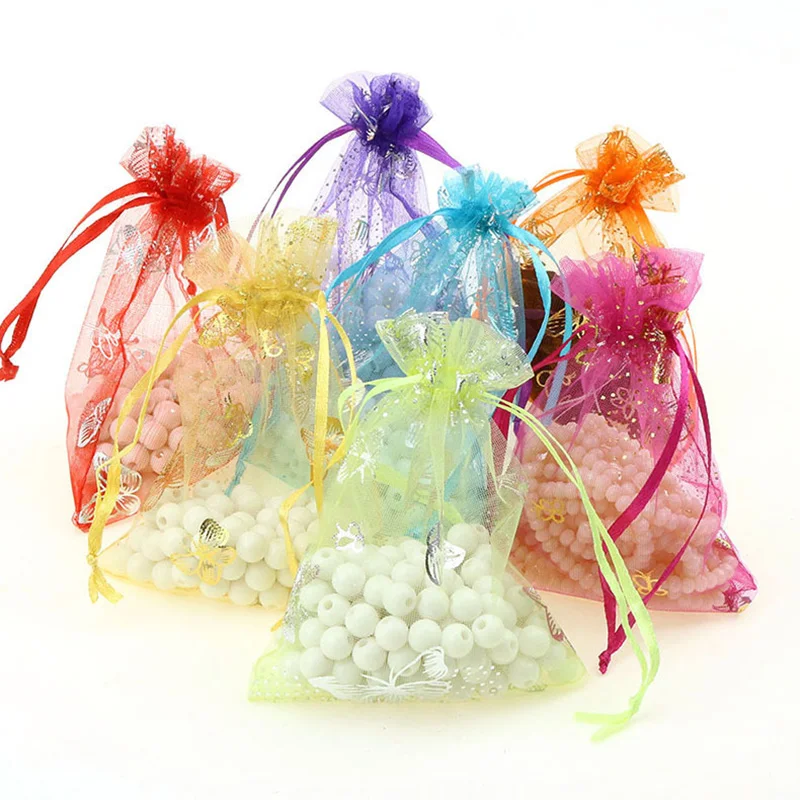 100pcs/lot Silver Butterfly Organza Bag Christmas Wedding Voile Gift Bag Jewelry Packing Drawstring Pouch Decoration Storage Bag