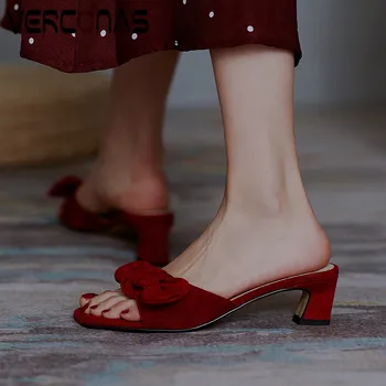 

VERCONAS 2020 Fashion Woman Sandals Women Pumps Kid Suede Summer Butterfly-Knot Shallow Square Toe Square High Heels Shoes Woman
