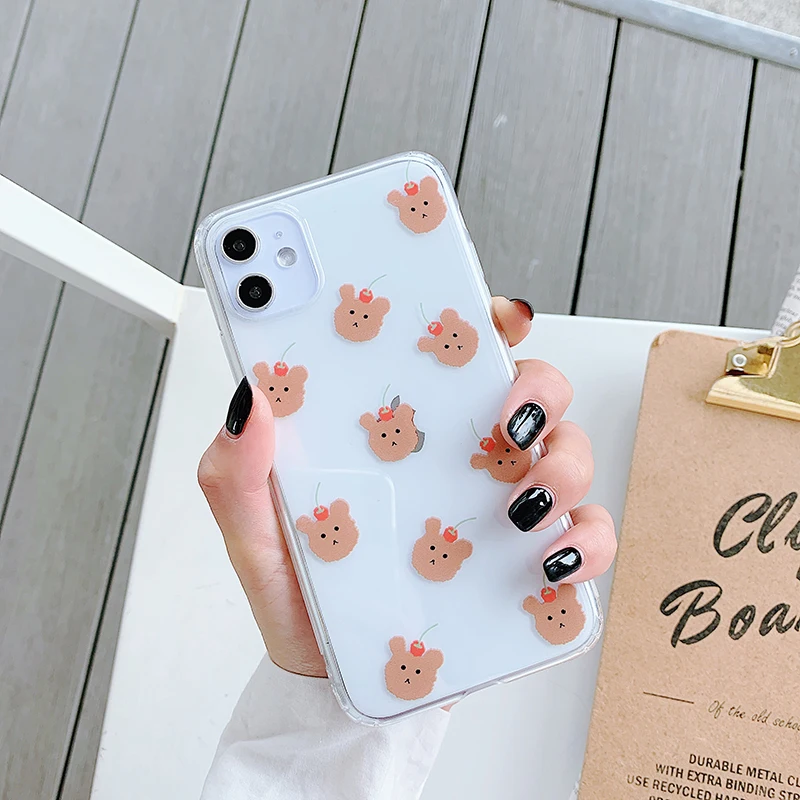 Милые чехлы с вишенками и медведями для iPhone 6S 11 Pro Max, милые мягкие чехлы из ТПУ для iPhone 7 8 plus, прозрачные чехлы с рисунками из мультфильмов для телефонов X XR Xs Max