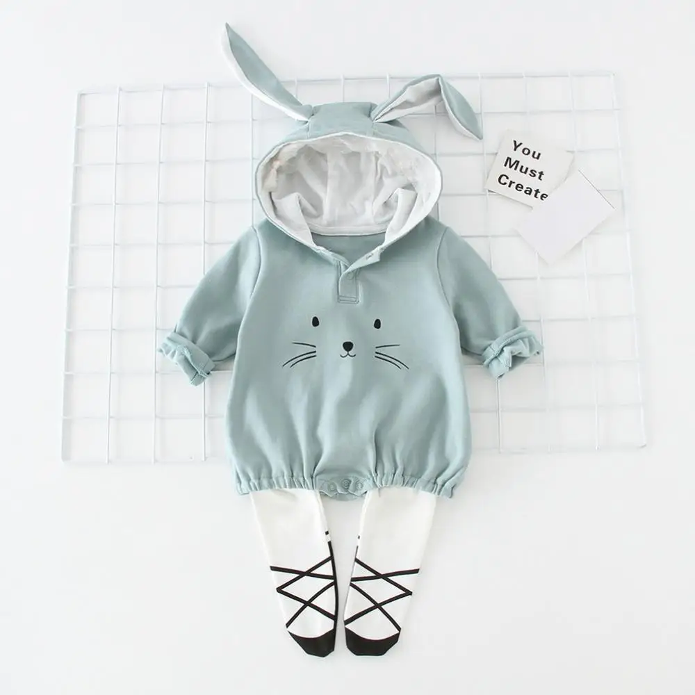 

Baby Underpants Jumpsuit Autumn Winter Hooded Romper Outdoor Cartoon Toddler Cat Hoodie With Long Ears Cat Hat