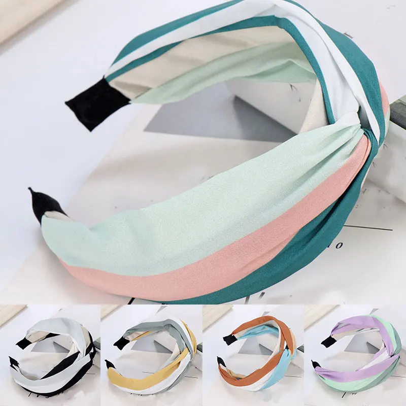 

Classic Striped Headwear Wide-brim Knotted Hair Hoop Patchwork Headband Non-slip Durable Hair Accessories Cross Knot Head Hoop