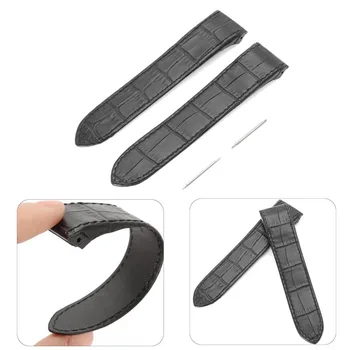 

23mm Two-Piece Strap Leather Watch Band Wristband Black Replacement Strap With Buckle Stitches Watch Straps Comfortable Durable
