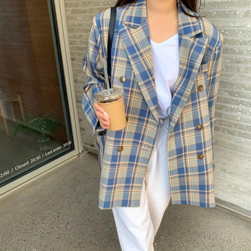 

Spring Autumn Loose Temperament Plaid Suit Jacket Female Mid-Length Chic Casual