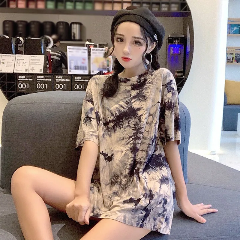 

Loose T-shirt Street Style Personality Tie-dye Women's Top Round Neck Short-sleeved Plus Size Tee Streetwear Red/Blue 2 Color
