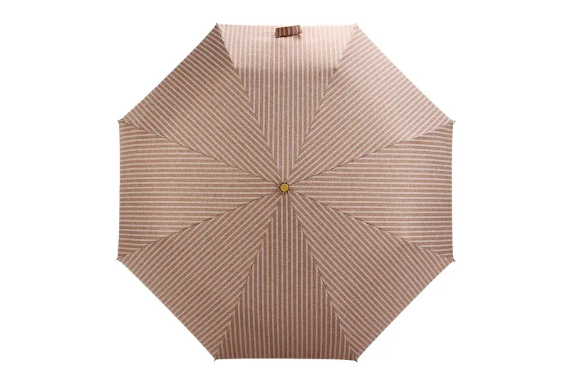 light brown Leodauknow three folding striped style of bamboo handle fully automatic high quality men's and women's sunny and rainy umbrella - Цвет: light brown