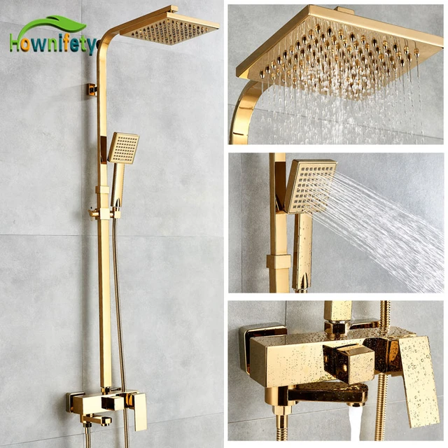 Juego de ducha de cobre dorado, grifo montado en la pared, columna de ducha  de bañera