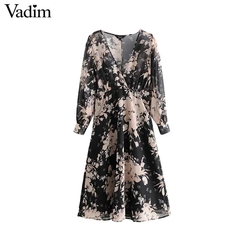 Vadim, женское шикарное шифоновое платье миди с цветочным принтом, длинные рукава, боковая молния, прозрачные женские модные платья, vestido mujer QC959