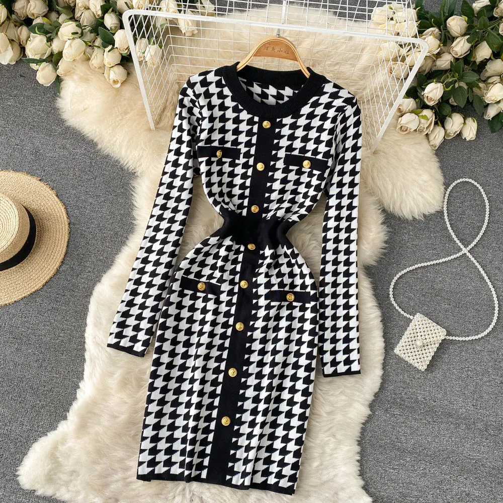 Retro Plaid Houndstooth Knitted Dress
