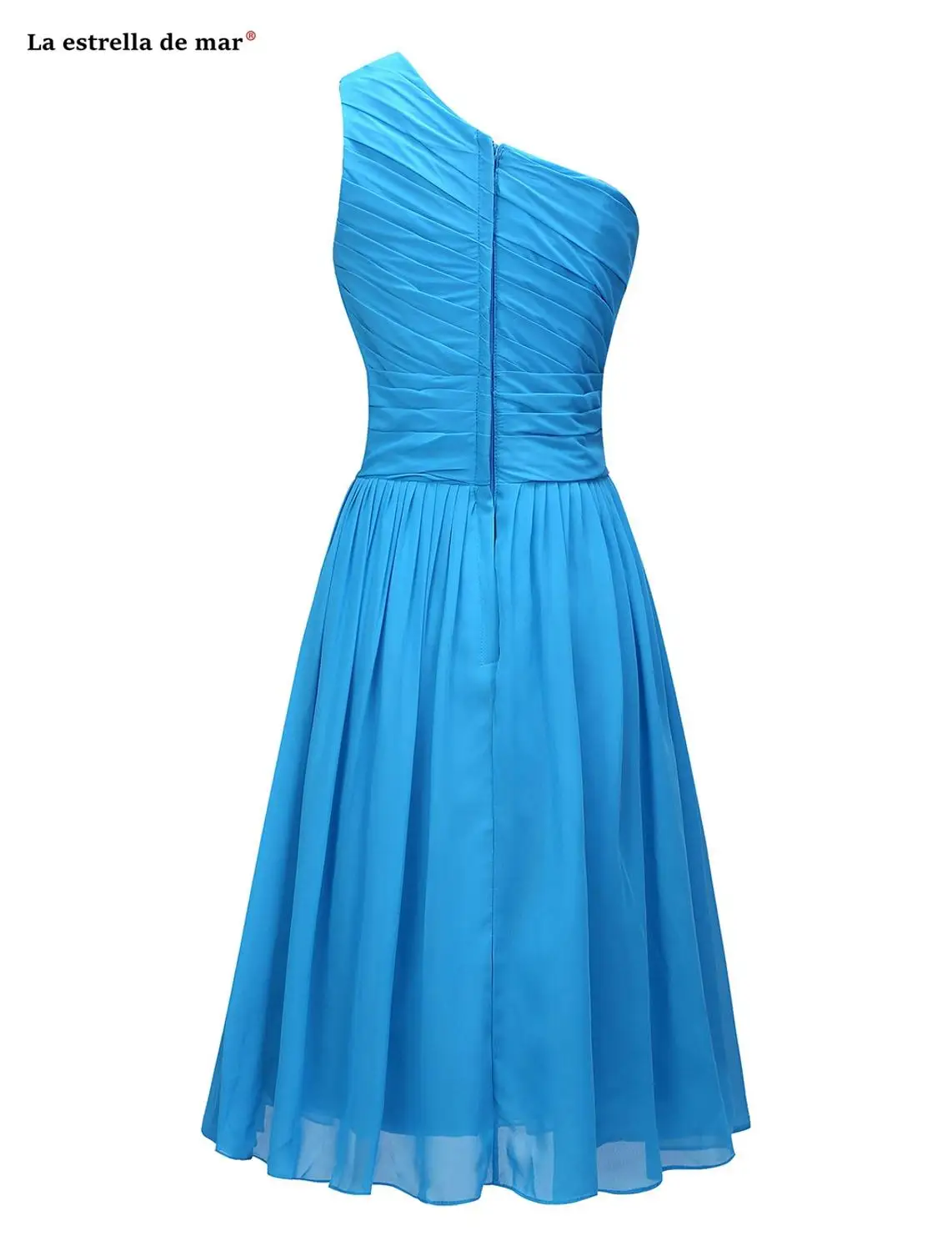 Vestido dama de honor corto, Новое шифоновое ТРАПЕЦИЕВИДНОЕ бирюзовое платье подружки невесты на одно плечо, настоящая фотография, недорогое свадебное платье для гостей