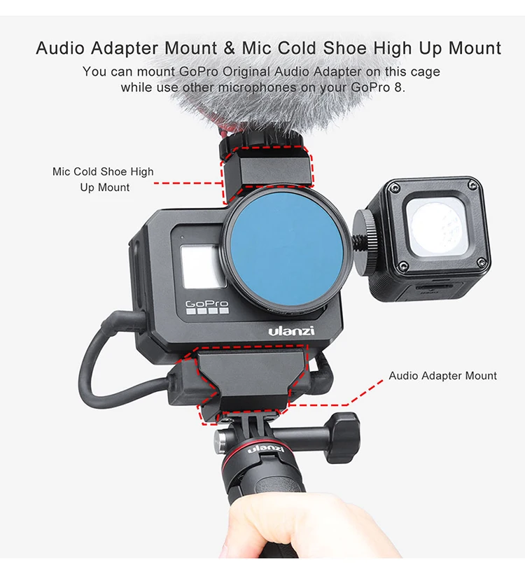 Ulanzi GoPro8 металлическая Vlog клетка для Светодиодный микрофон двойной Холодный башмак адаптер крепление 52 мм фильтр адаптер для Gopro Hero 8 черная камера