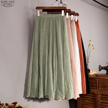

2020 Summer Maxi Long Skirt Women Vintage Spring Elastic Waist Cotton Linen Solid Pleated Long Skirts Boho Beach Skirt Jupe 9956
