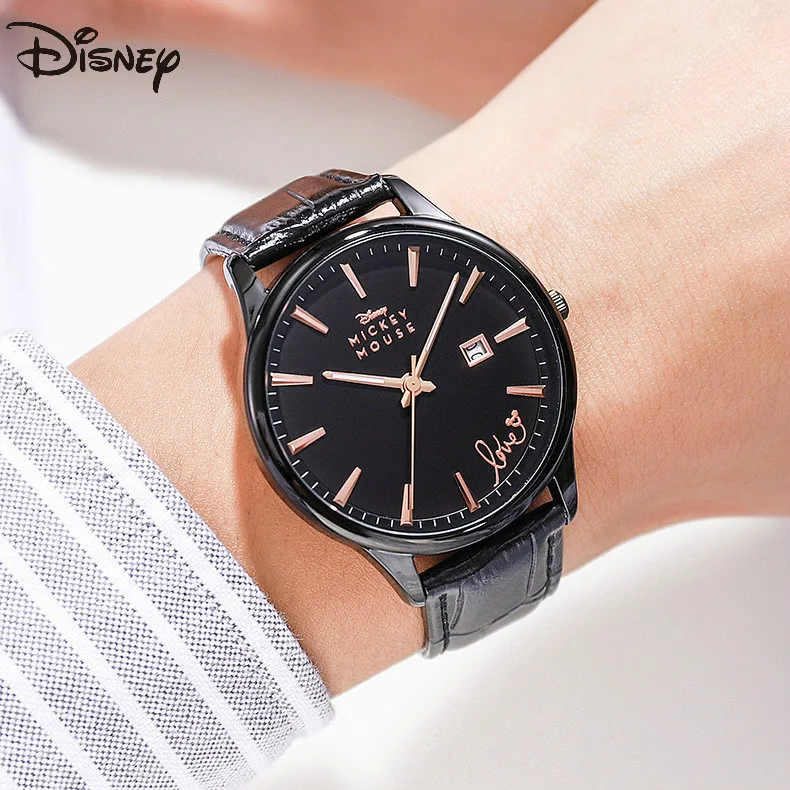 

original Disney Fashion Simple Couple Watch Mickey Calendar Leather Waterproof Quartz Watch For Men And Women Couple Watch
