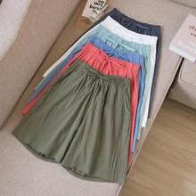 

Summer Cotton A-Line Shorts With High Waist Loose Wide Leg Shorts For Women Knee Length Elastic Waist Shorts Female Plus Size3XL