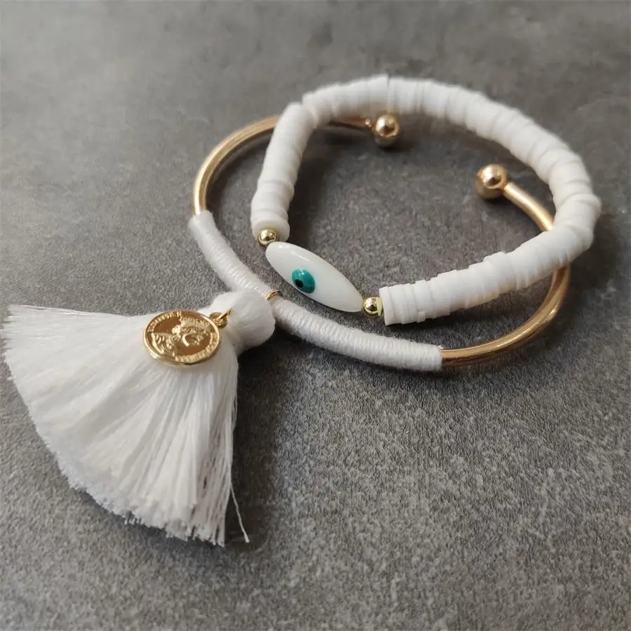 Boho Lucky сглаза браслеты для женщин белый цвет ручной работы резиновая веревка золотой браслет ювелирные изделия кисточкой браслет женский - Окраска металла: white