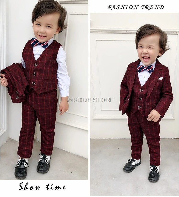 Children Formal Tuxedo Blazer Vest pants 3Pcs Set Flower Boys Wedding Suit Kids Performance Host Dance Party Dress Costume boys suit set