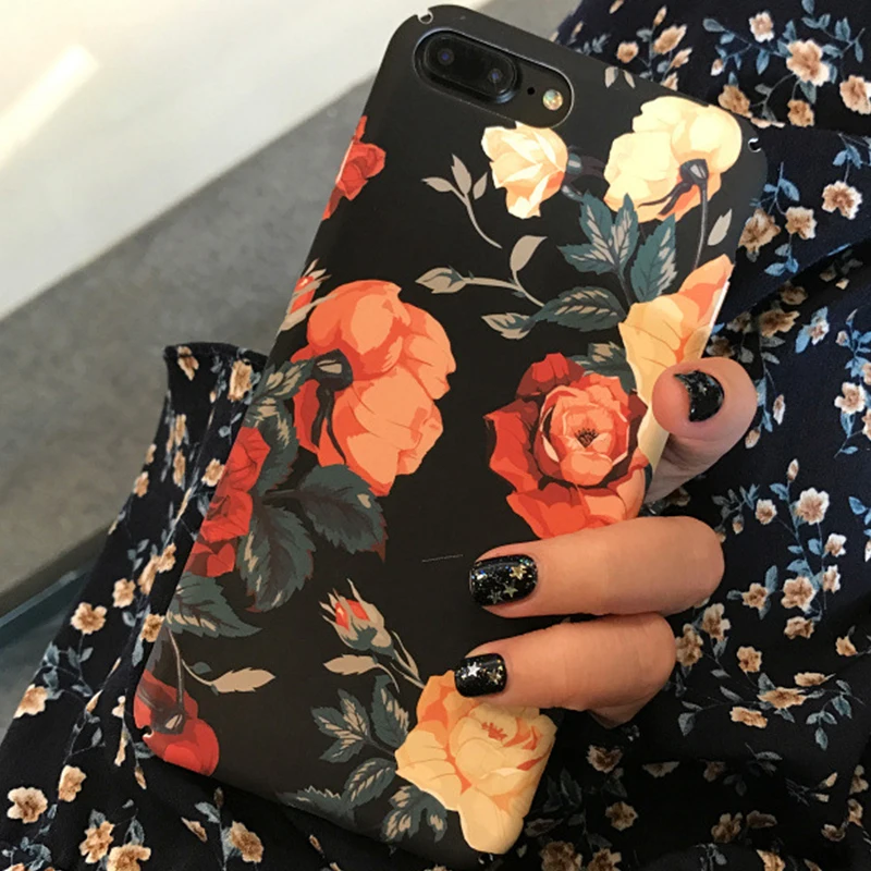 Простой винтажный матовый черный чехол для телефона с розами iPhone XR XS Max 6 6S 7 8 Plus X