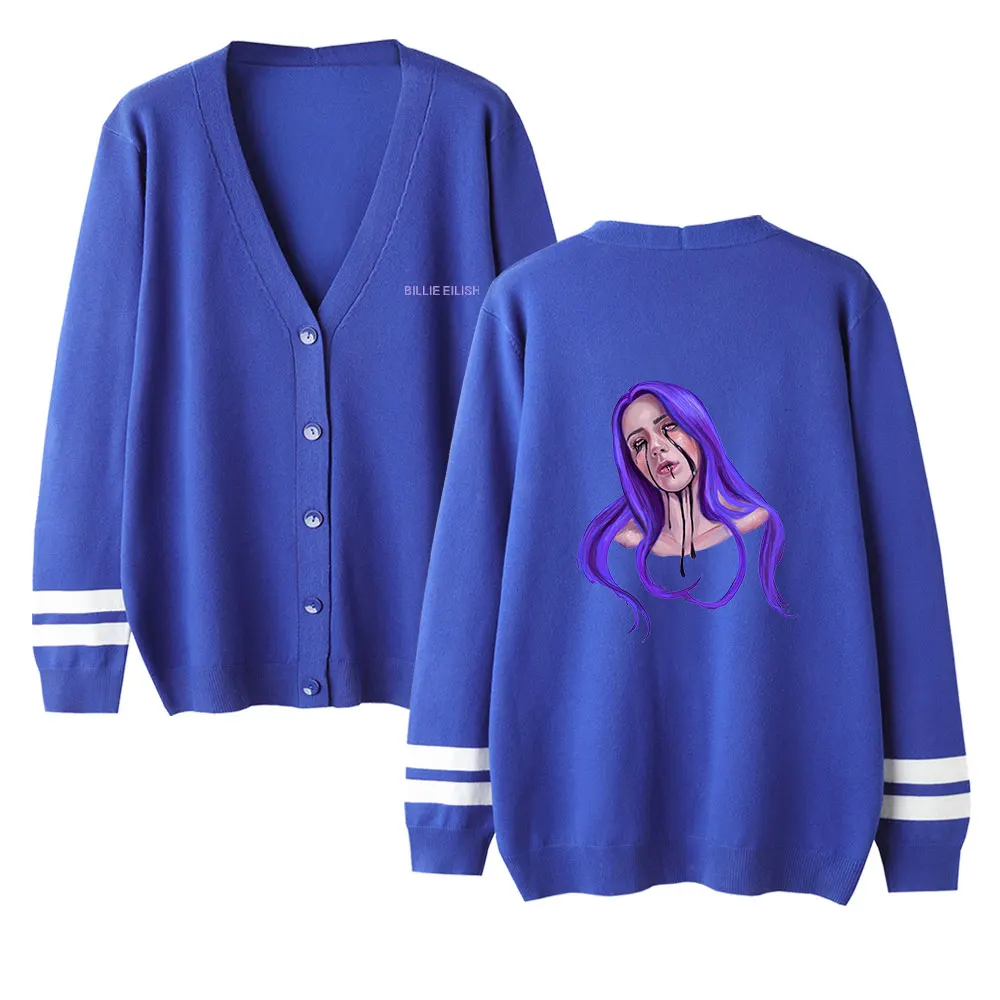 Модный женский вязаный кардиган кашемировый свитер с принтом Billie eilish, вязаные топы, Осень-зима, модный кардиган, розовый свитер для девочек