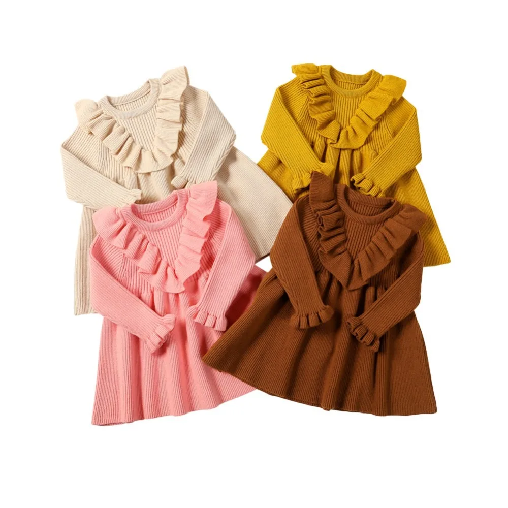Осенне-зимнее вязаное платье для маленьких девочек; vestido; Модное детское теплое платье-свитер с длинными рукавами и оборками для малышей