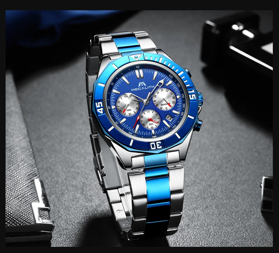 Новые мужские s часы MEGALITH лучший бренд Роскошные водонепроницаемые часы из нержавеющей стали светящийся хронограф кварцевые мужские часы Relogio Masculino