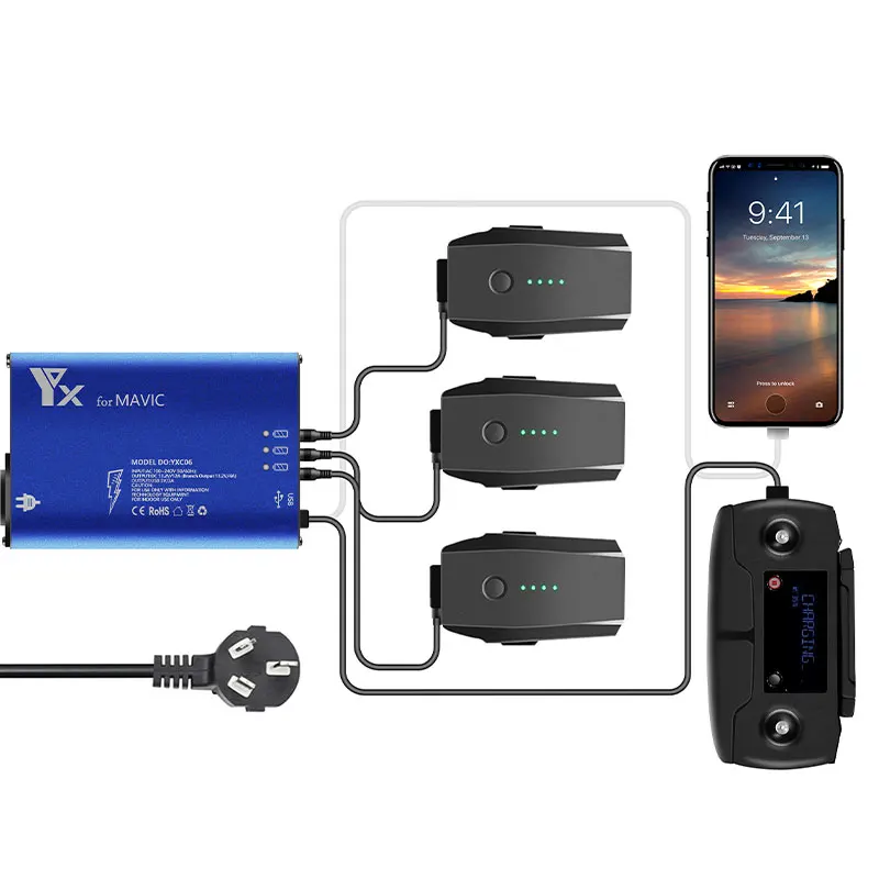 5 in 1 fast intelligent multi battery charger hub for DJI Mavic Pro Platinum drone with battery charging cable