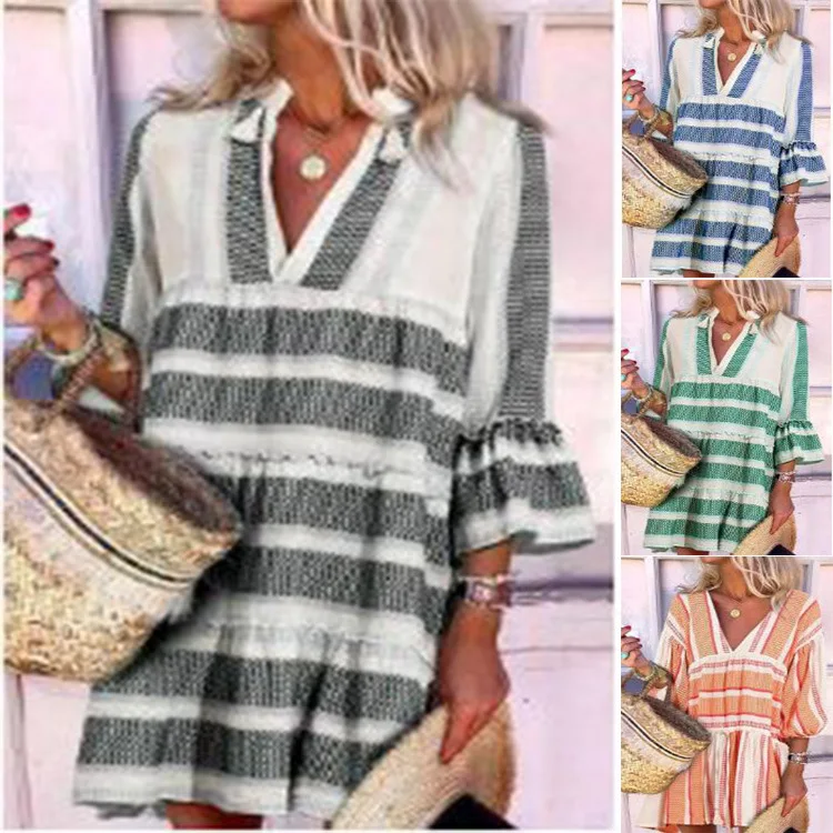 Women Print Boho Dress V-neck Bell Sleeve Bohemian Beachwear Summer Casual Dresses 2020 New Vestido