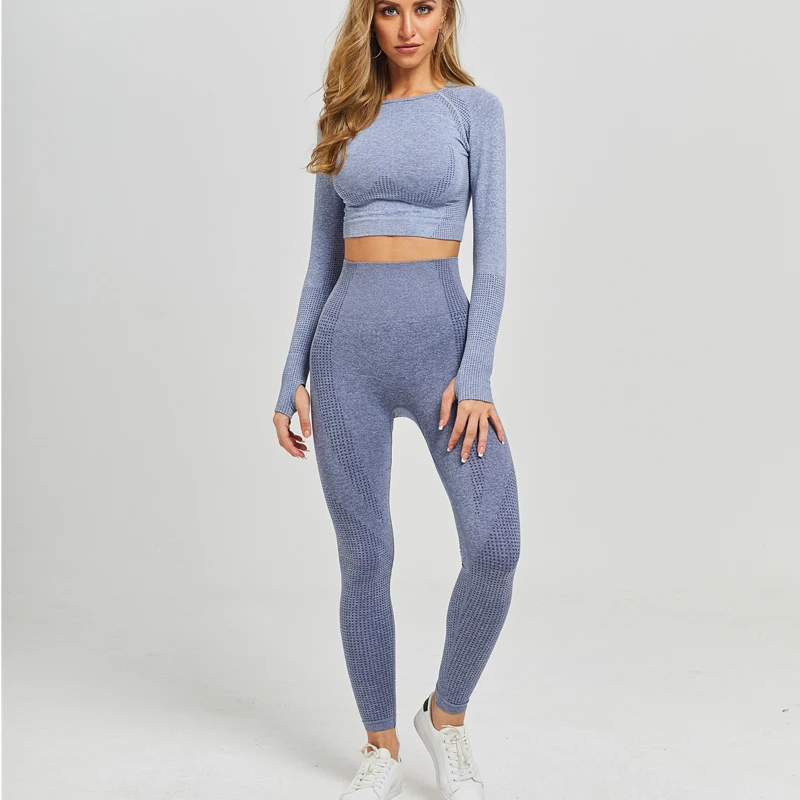 Conjunto de Yoga sin costuras para mujer, ropa deportiva para gimnasio, top de manga larga, camiseta corta, leggings de cintura alta, para correr o hacer ejercicio