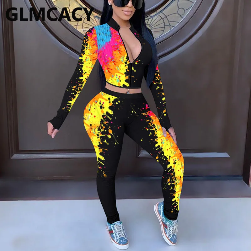 Women Colorful Printed Two Piece Tracksuits Long Sleeve Sweatshirt and Pants Set Women Colorful Printed Two Piece Tracksuits Long Sleeve Sweatshirt and Pants Set