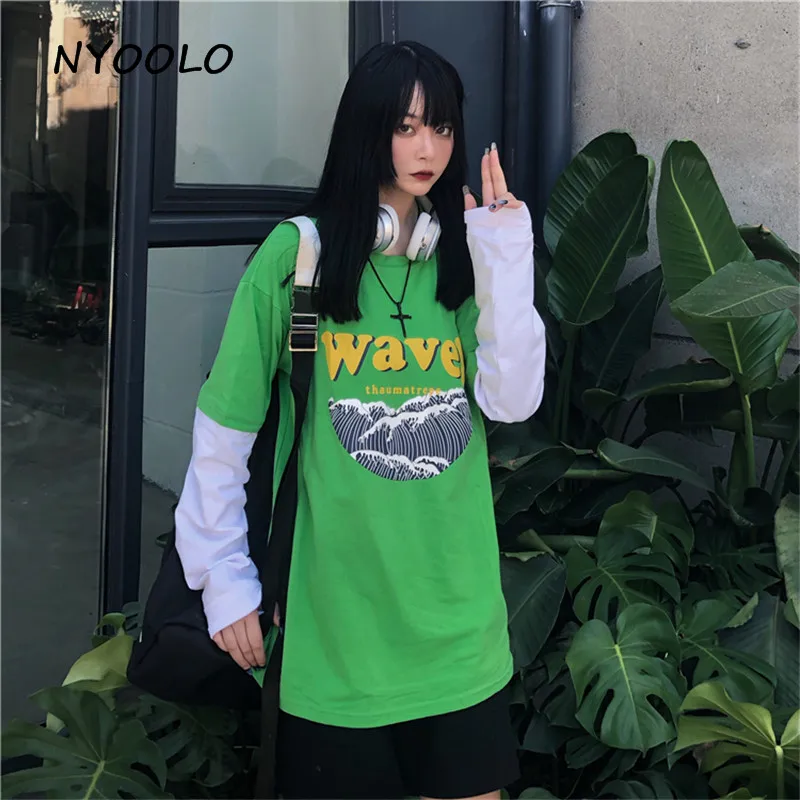 NYOOLO Harajuku стиль с волнистым буквенным принтом поддельные 2 шт. Лоскутная футболка осень уличная одежда с длинным рукавом Футболка для женщин и мужчин Топ