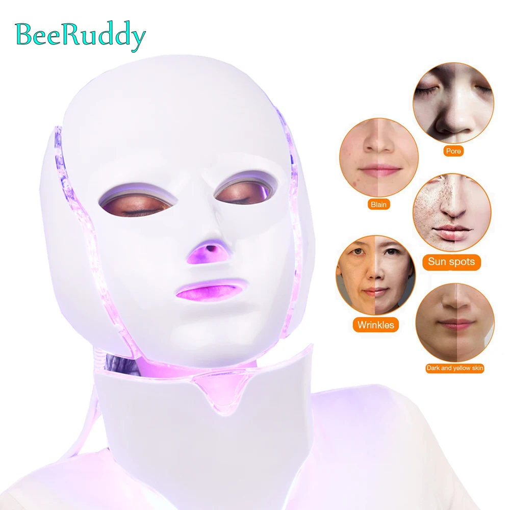  7 Colors Electric Led Facial Mask With Neck LED Light Therapy Acne Mask Neck Beauty Equipment - 4000180842782