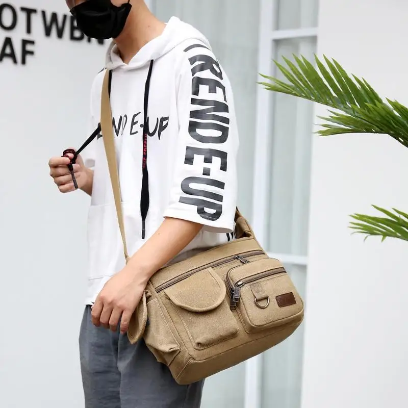 

Casual Messenger Bag Men Canvas Large Shoulder Crossbody Multi-pocket Handbags Delicate Design Fashionable and Simple