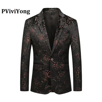 

PViviYong Brand 2019 high quality Men's suit top，banquet party men Blazer Jacket Slim leisure Black personality suit jacket 910