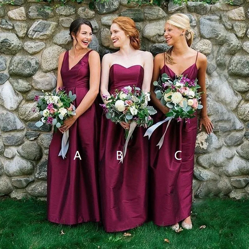 Wine Red Bridesmaid Dresses New Women Three Styles Sleeveless Satin A-Line Bridesmaid Gowns For Wedding Party Guest vestido