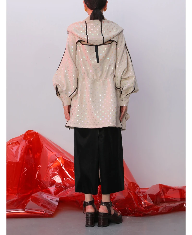 AIMENUNU Women Dot Drawstring Spliced Trench New Lapel Long Sleeve Loose Fit Windbreaker Fashion Tide Autumn Winter