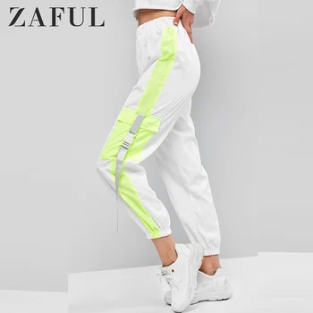 

ZAFUL Flap Pockets Push Buckle Colorblock Jogger Pants 2020 New Neon Side Pants Elastic High Waist Patchwork Women Cargo Pants