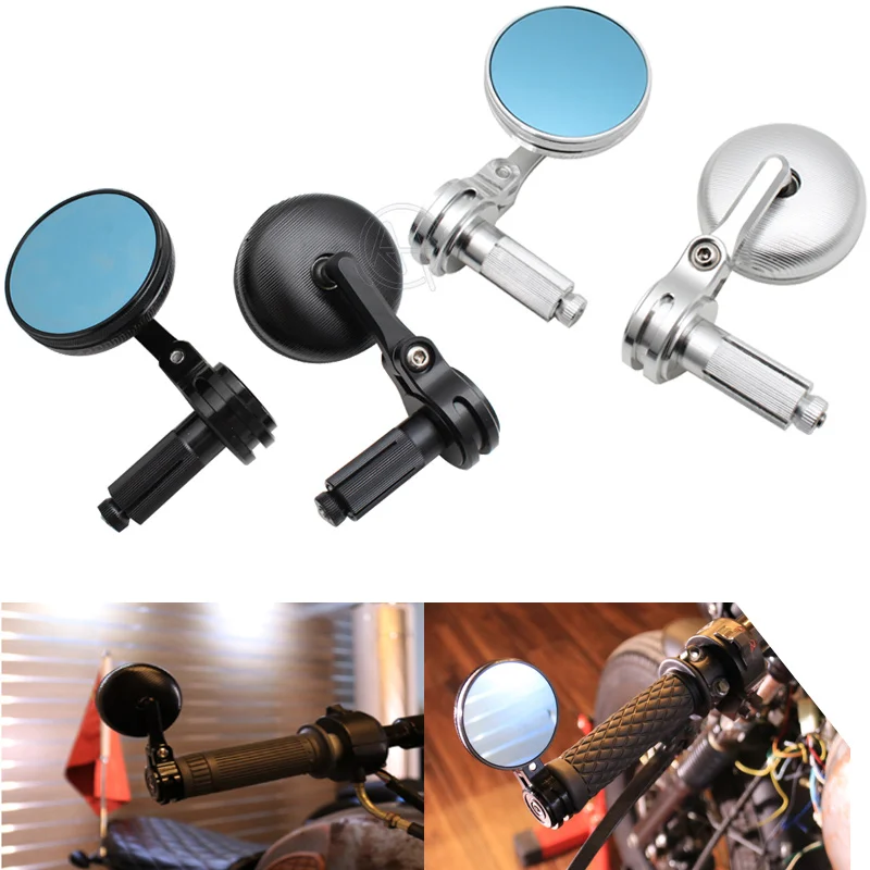 

7/8 22mm Universal Motorcycle Handlebar End Mirrors CNC Aluminum Bluish Anti-Glare Motorbike Side Rearview Mirrors Black