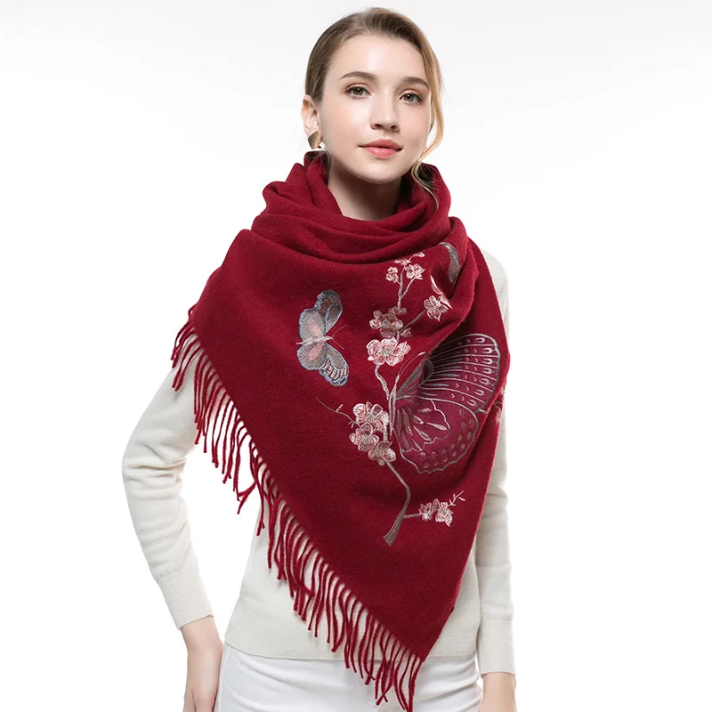 Зимний шерстяной шарф с вышитой бабочкой женский из овечьей шерсти женские шали