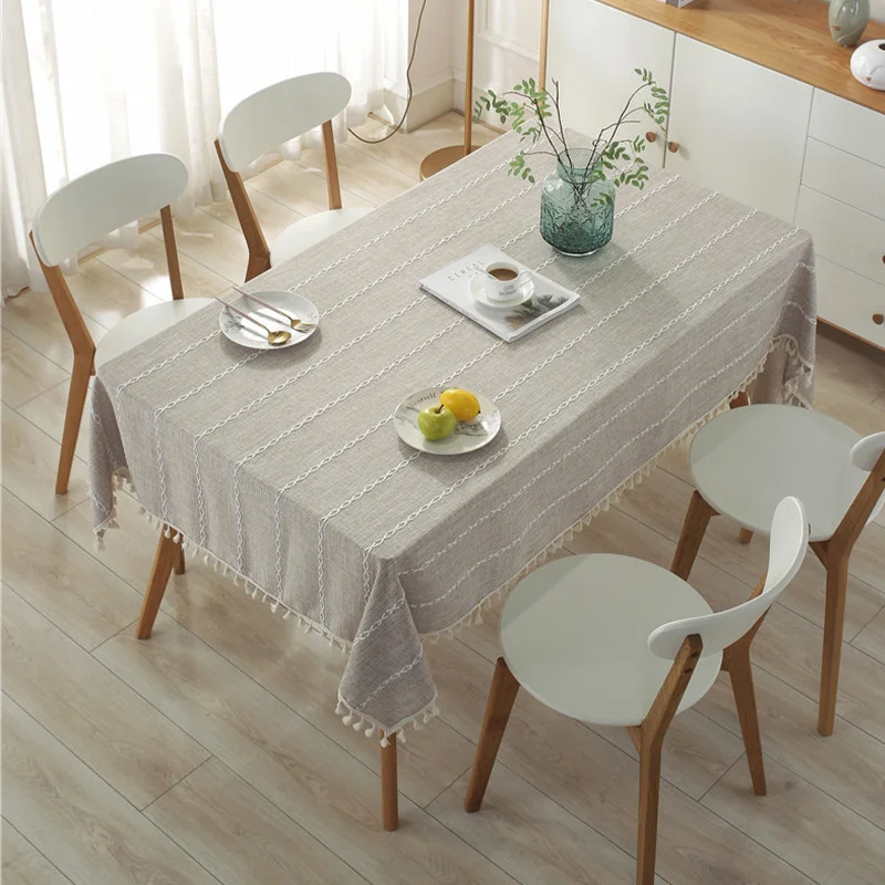 

Striped grey tablecloth Tassel Table Cloth Rectangular imitation cotton Dining Table Cover mantel mesa coffee table home Decro