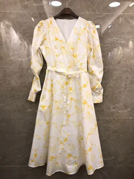 

2019 Autumn New Fashion Vintage V-neck Long-sleeved Yellow Print Dress Free Shipping Worldwide