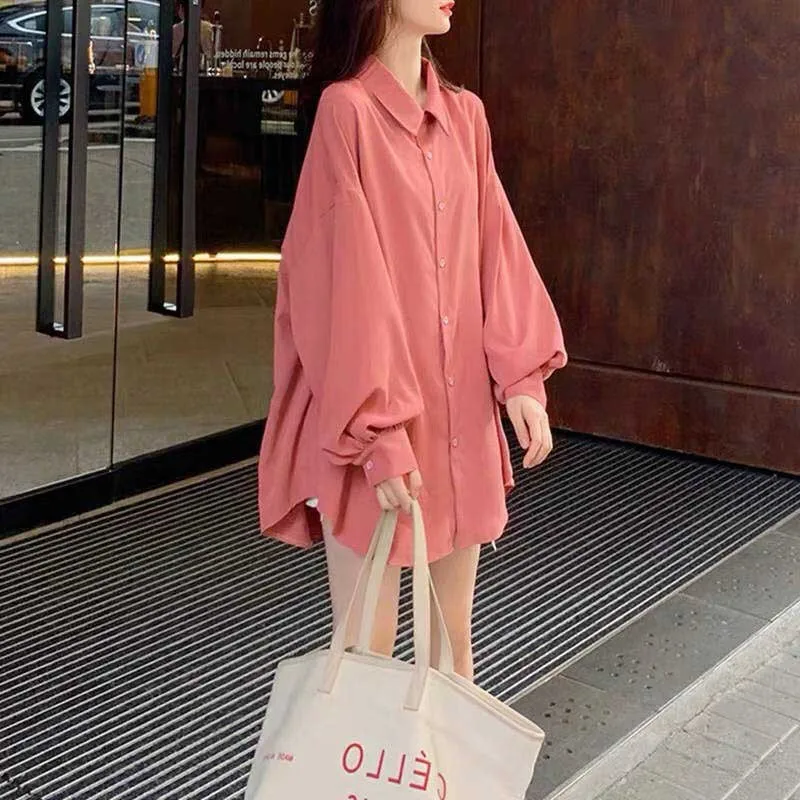 Casual Loose White Shirt Women Lantern Sleeve Blouse Fashion Lapel Oversized Top Shirts 6